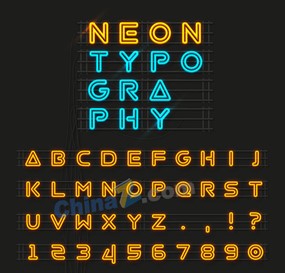 黄色霓虹灯字母数字和符号